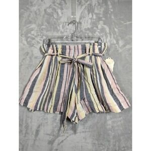 Altar'd State Womens Striped Paperbag Waist Shorts Pink Yellow Blue Cotton L NEW